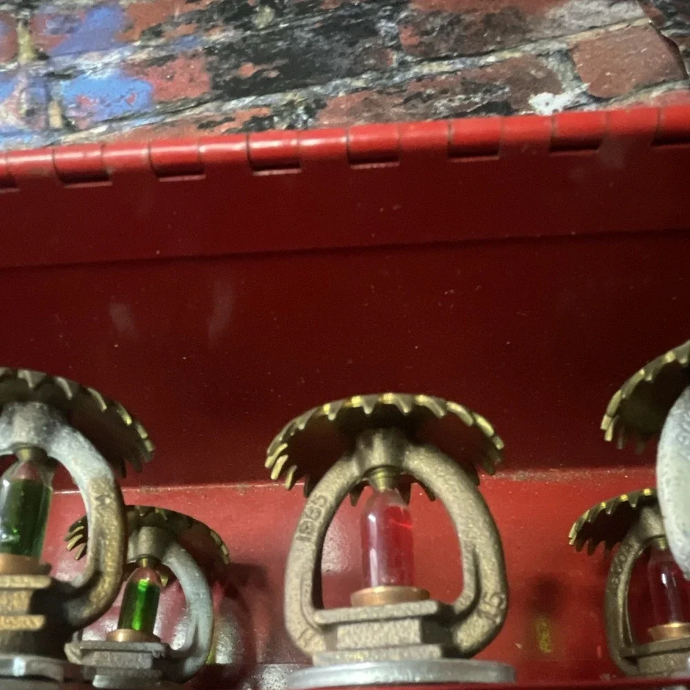 Lot of Sprinkler Heads, Brass w/ Colored Glass Bulbs, Red Case,  vintage